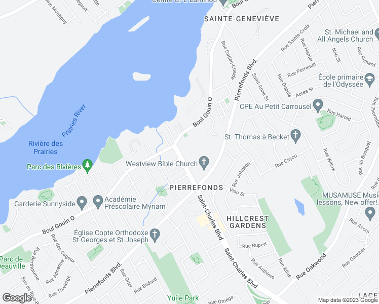 map of restaurants, bars, coffee shops, grocery stores, and more near 4975 Saint-Charles Boulevard in Montreal