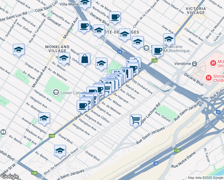 map of restaurants, bars, coffee shops, grocery stores, and more near 5675 Rue Sherbrooke Ouest in Montréal