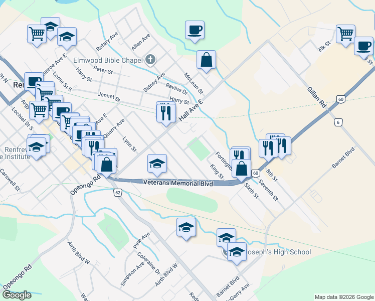 map of restaurants, bars, coffee shops, grocery stores, and more near 479 New Street in Renfrew