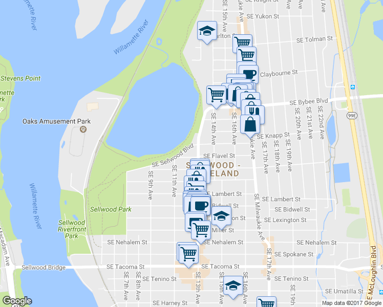 map of restaurants, bars, coffee shops, grocery stores, and more near 1215 Southeast Flavel Street in Portland