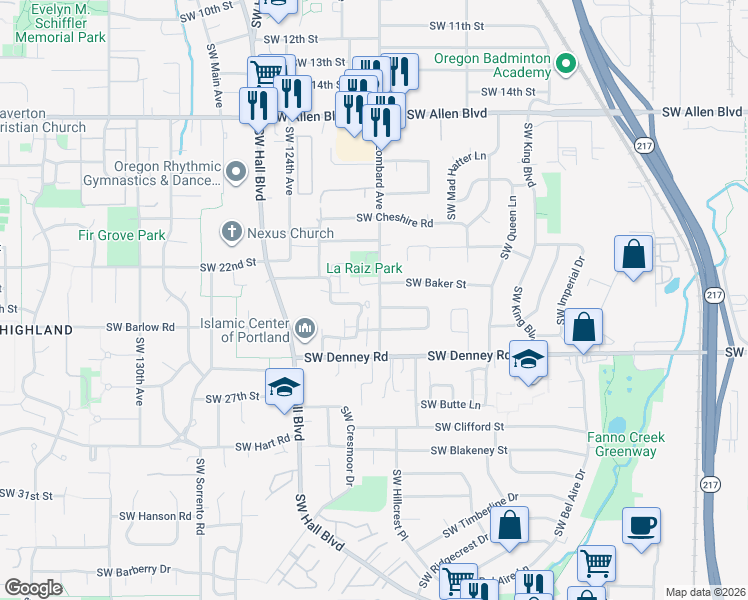 map of restaurants, bars, coffee shops, grocery stores, and more near 12013 Southwest Sussex Street in Beaverton