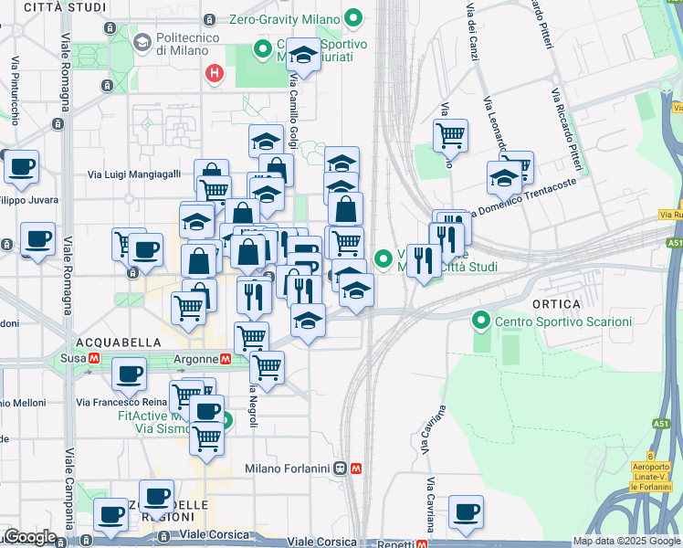 map of restaurants, bars, coffee shops, grocery stores, and more near Via Giovanni Antonio Amadeo in Milano