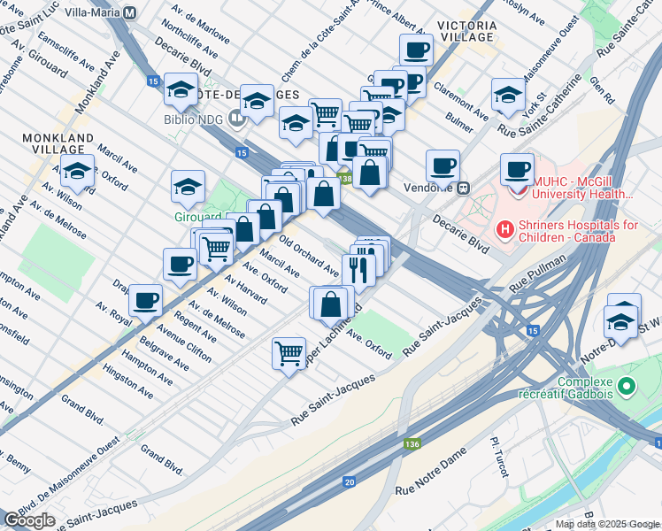 map of restaurants, bars, coffee shops, grocery stores, and more near 2135 Avenue Old Orchard in Montréal