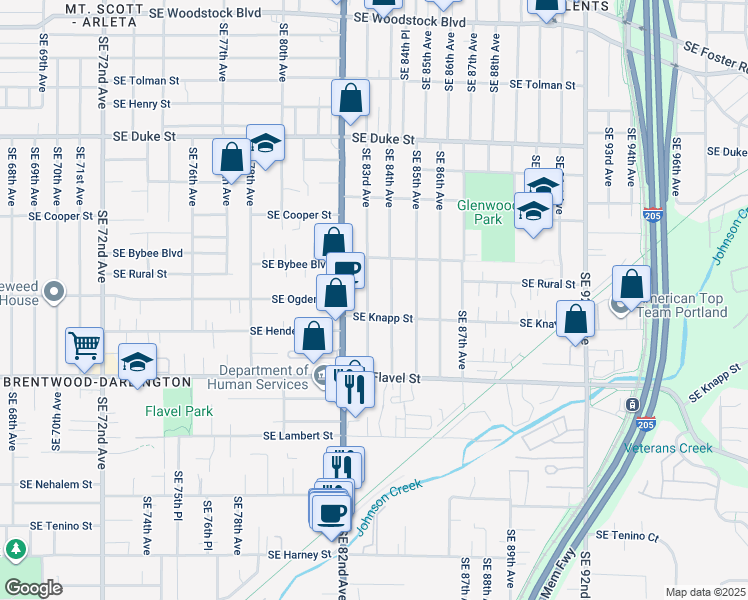 map of restaurants, bars, coffee shops, grocery stores, and more near 7206 Southeast 83rd Avenue in Portland
