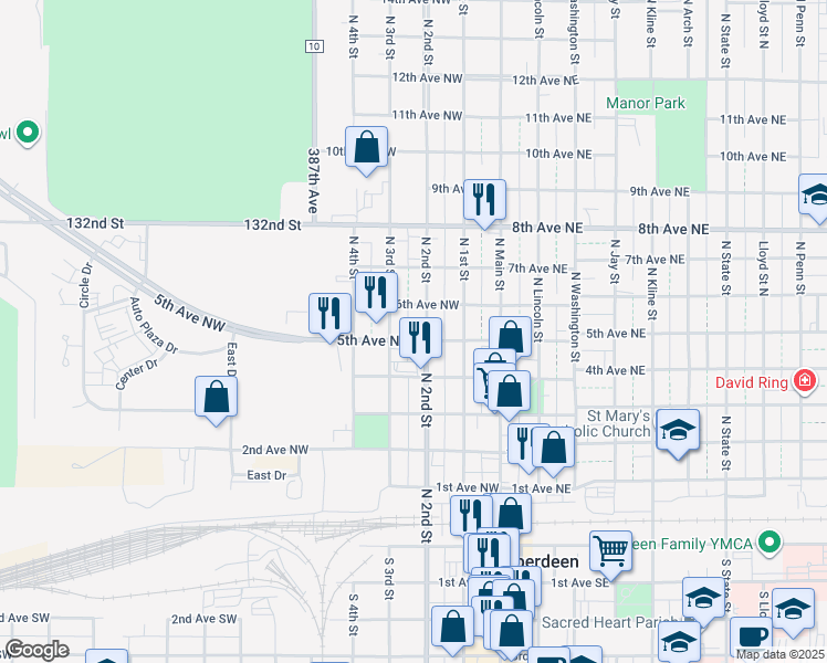 map of restaurants, bars, coffee shops, grocery stores, and more near 505 North 2nd Street in Aberdeen