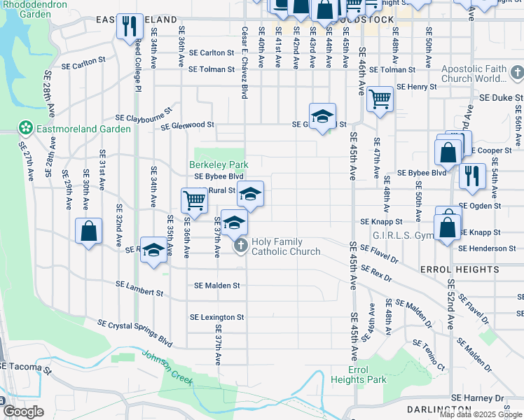 map of restaurants, bars, coffee shops, grocery stores, and more near 4010 Southeast Ogden Street in Portland