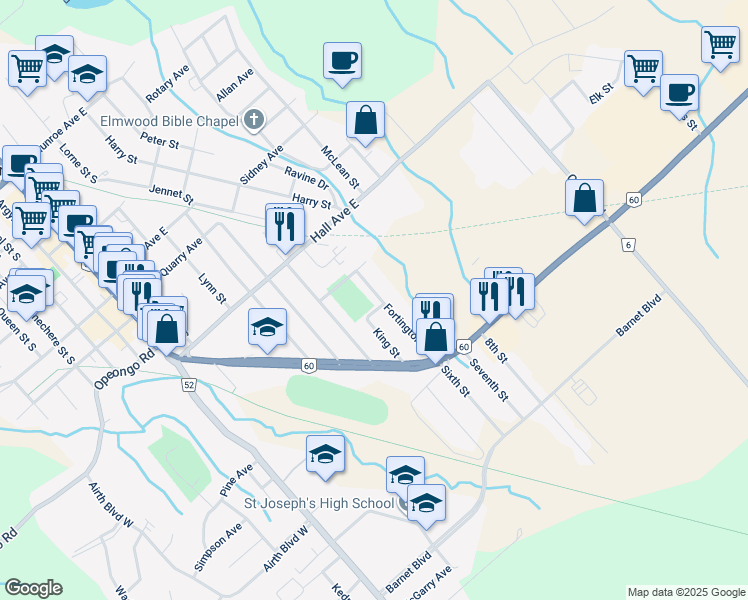 map of restaurants, bars, coffee shops, grocery stores, and more near 520 Fortington Street in Renfrew