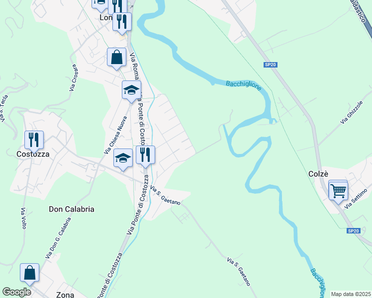 map of restaurants, bars, coffee shops, grocery stores, and more near 13 Via Cappellaro in Longare