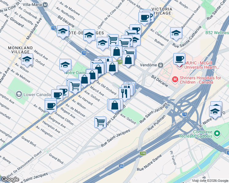 map of restaurants, bars, coffee shops, grocery stores, and more near 2135 Avenue Old Orchard in Montréal