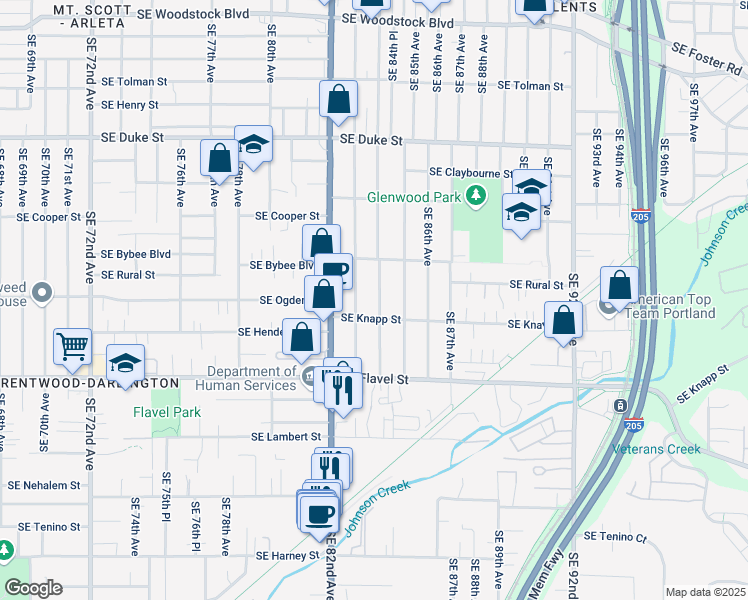 map of restaurants, bars, coffee shops, grocery stores, and more near 7203 Southeast 84th Avenue in Portland