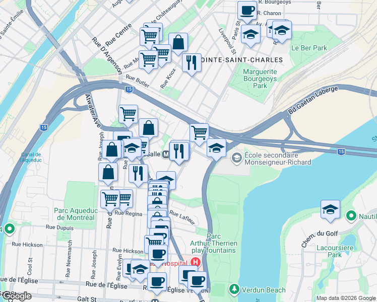 map of restaurants, bars, coffee shops, grocery stores, and more near 3151 Rue Wellington in Montréal