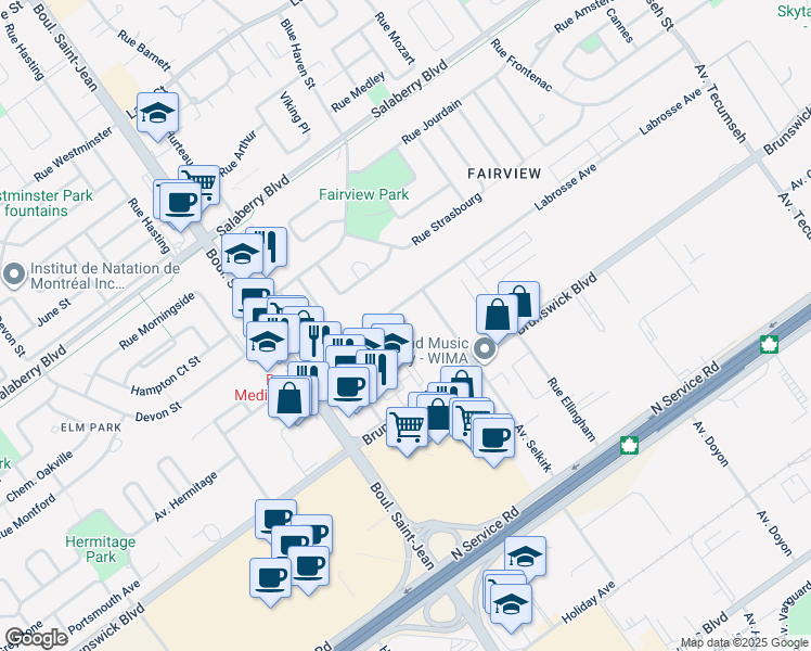 map of restaurants, bars, coffee shops, grocery stores, and more near in Pointe-Claire