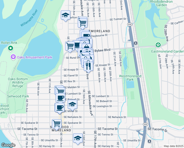 map of restaurants, bars, coffee shops, grocery stores, and more near 7423 Southeast 17th Avenue in Portland