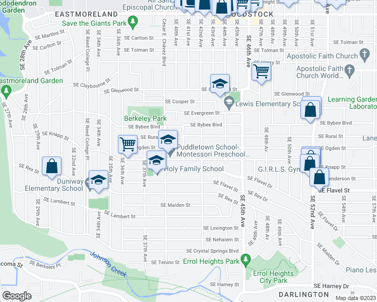 map of restaurants, bars, coffee shops, grocery stores, and more near 4120 Southeast Ogden Street in Portland