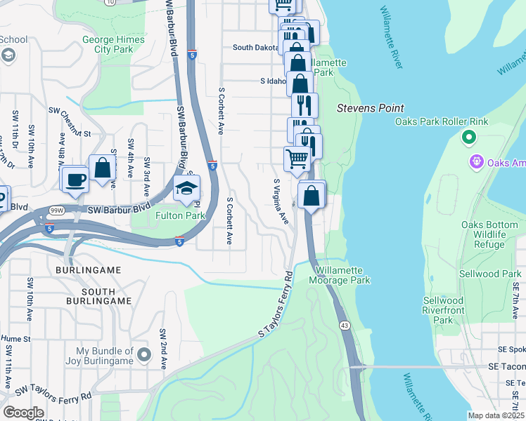 map of restaurants, bars, coffee shops, grocery stores, and more near 412 Southwest Miles Street in Portland