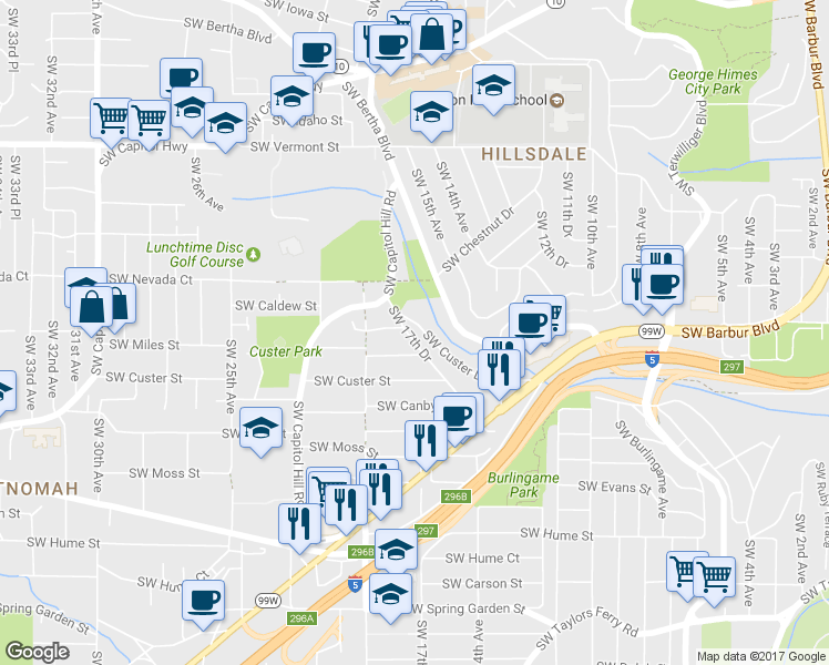 map of restaurants, bars, coffee shops, grocery stores, and more near 7410 Southwest 17th Drive in Portland