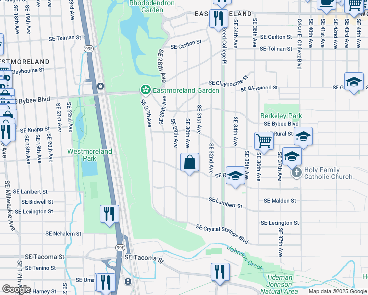 map of restaurants, bars, coffee shops, grocery stores, and more near 7411 Southeast 30th Avenue in Portland