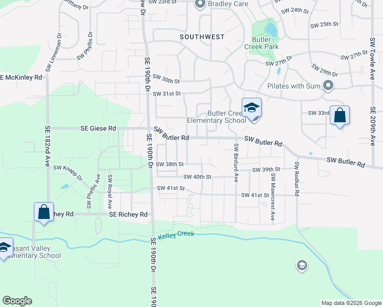 map of restaurants, bars, coffee shops, grocery stores, and more near 3570 Southwest Eastwood Place in Gresham