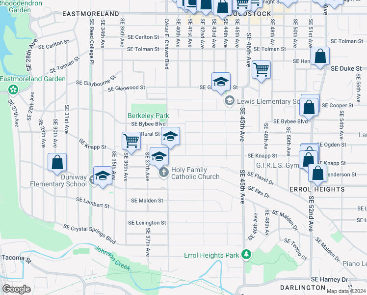 map of restaurants, bars, coffee shops, grocery stores, and more near 4120 Southeast Ogden Street in Portland