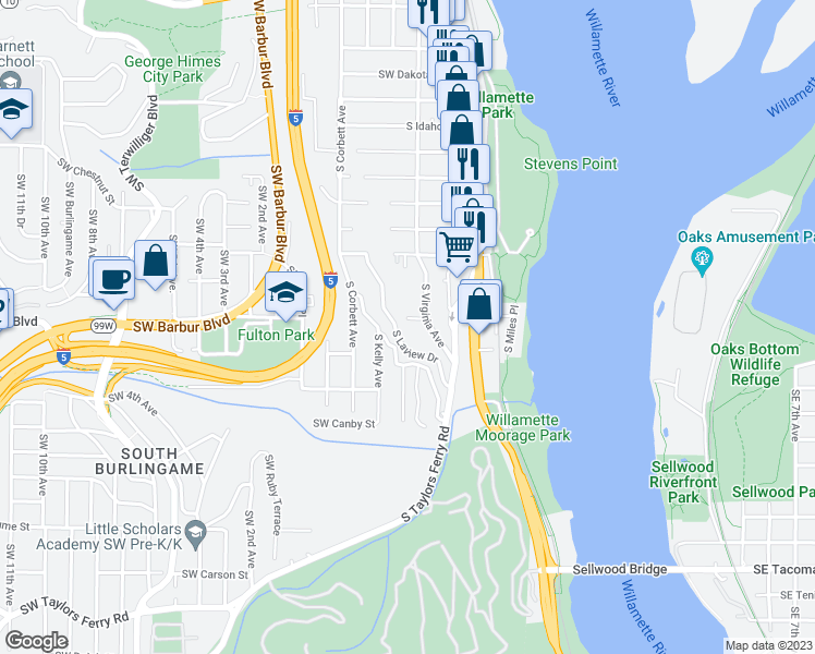 map of restaurants, bars, coffee shops, grocery stores, and more near 412 Southwest Miles Street in Portland