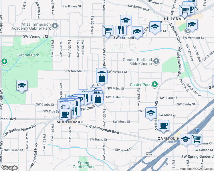 map of restaurants, bars, coffee shops, grocery stores, and more near 2941 Southwest Miles Street in Portland