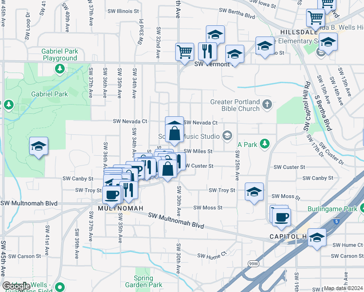 map of restaurants, bars, coffee shops, grocery stores, and more near 2941 Southwest Miles Street in Portland