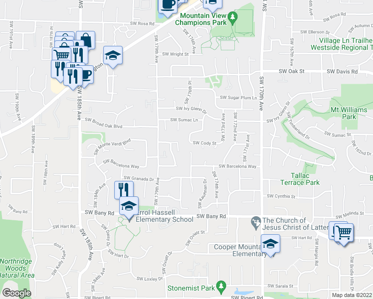 map of restaurants, bars, coffee shops, grocery stores, and more near 17619 Southwest Cody Lane in Beaverton