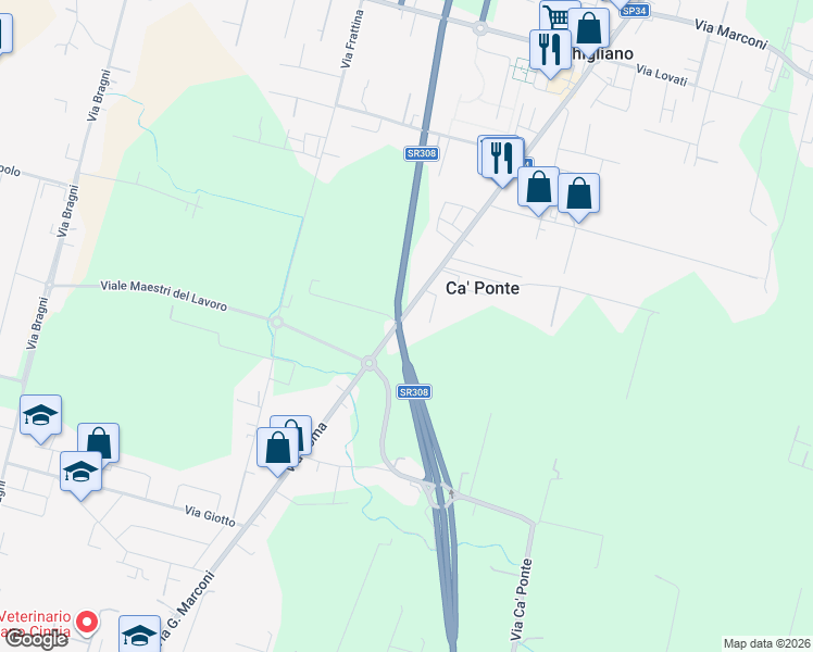 map of restaurants, bars, coffee shops, grocery stores, and more near 20 Via Roma in Ca' Ponte