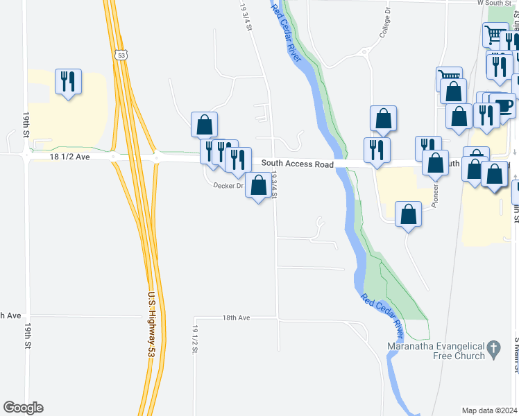 map of restaurants, bars, coffee shops, grocery stores, and more near 2960 Decker Drive in Rice Lake