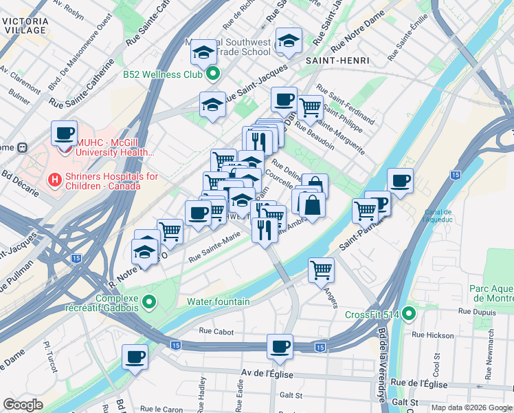 map of restaurants, bars, coffee shops, grocery stores, and more near 4834 Avenue Palm in Montréal