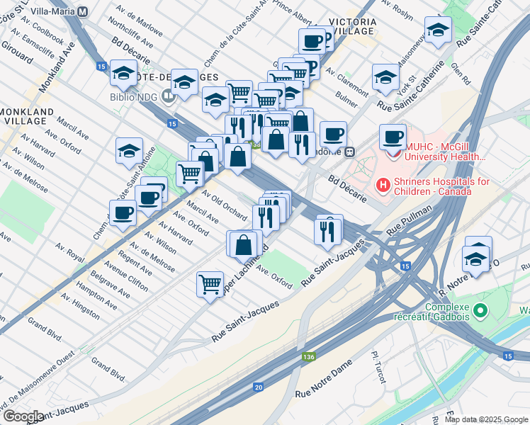 map of restaurants, bars, coffee shops, grocery stores, and more near 1 Boulevard De Maisonneuve Ouest in Montreal