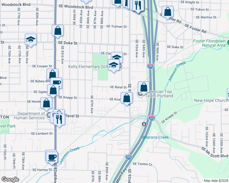 map of restaurants, bars, coffee shops, grocery stores, and more near 8932 Southeast Rural Street in Portland