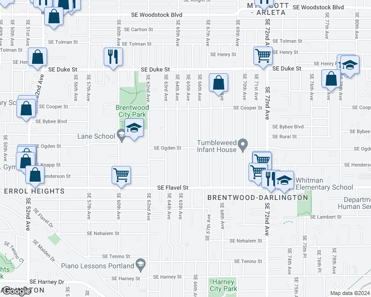 map of restaurants, bars, coffee shops, grocery stores, and more near 6430 Southeast Ogden Street in Portland