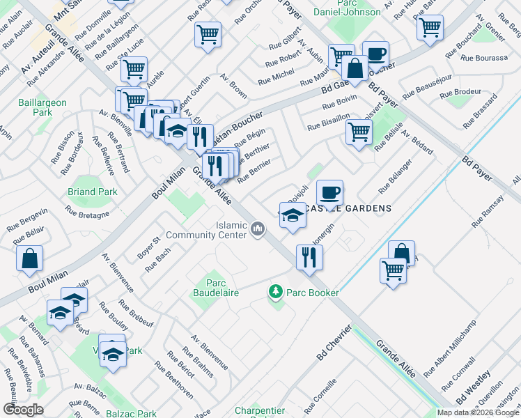 map of restaurants, bars, coffee shops, grocery stores, and more near 5545 Rue Boisjoli in Longueuil