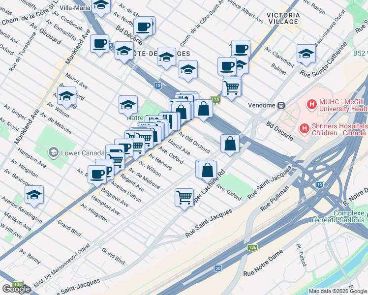 map of restaurants, bars, coffee shops, grocery stores, and more near 2247 Avenue Marcil in Montréal