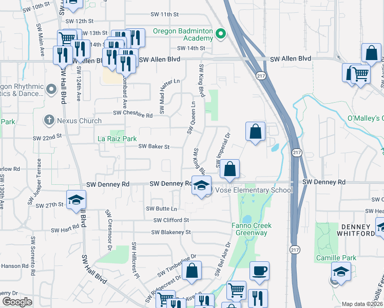 map of restaurants, bars, coffee shops, grocery stores, and more near 6775 Southwest King Boulevard in Beaverton