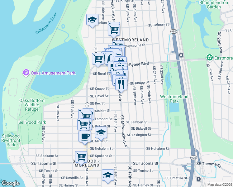 map of restaurants, bars, coffee shops, grocery stores, and more near 1631 Southeast Flavel Street in Portland