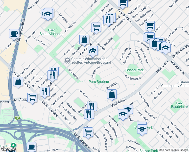 map of restaurants, bars, coffee shops, grocery stores, and more near 6125 Avenue Bienville in Brossard