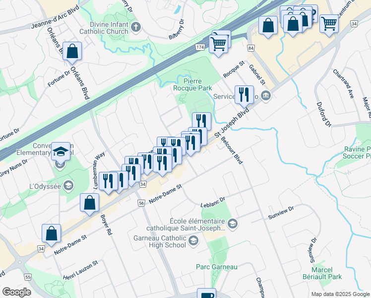 map of restaurants, bars, coffee shops, grocery stores, and more near in Ottawa