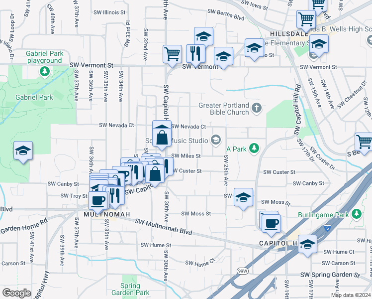 map of restaurants, bars, coffee shops, grocery stores, and more near 7343 SW 28th Ave in Portland