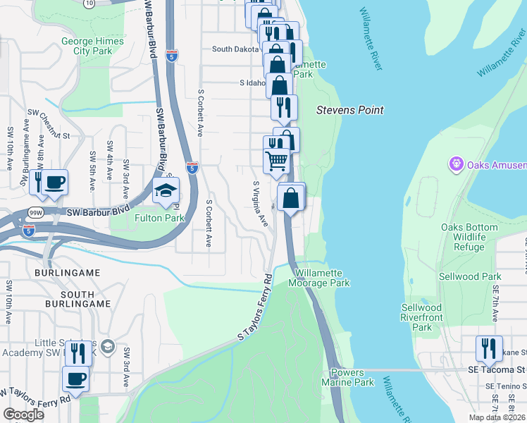 map of restaurants, bars, coffee shops, grocery stores, and more near 7408 South Virginia Avenue in Portland