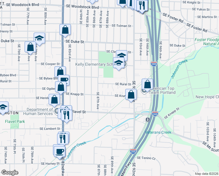 map of restaurants, bars, coffee shops, grocery stores, and more near 8810 Southeast Rural Street in Portland