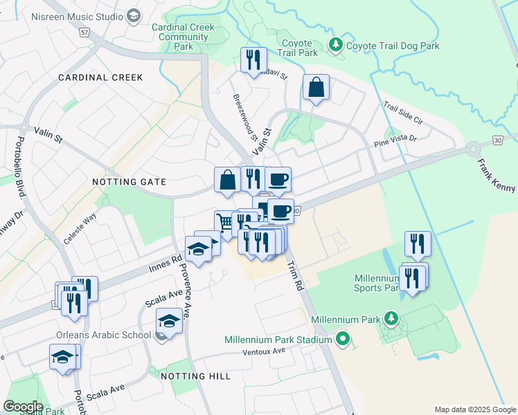 map of restaurants, bars, coffee shops, grocery stores, and more near 1980 Trim Road in Ottawa