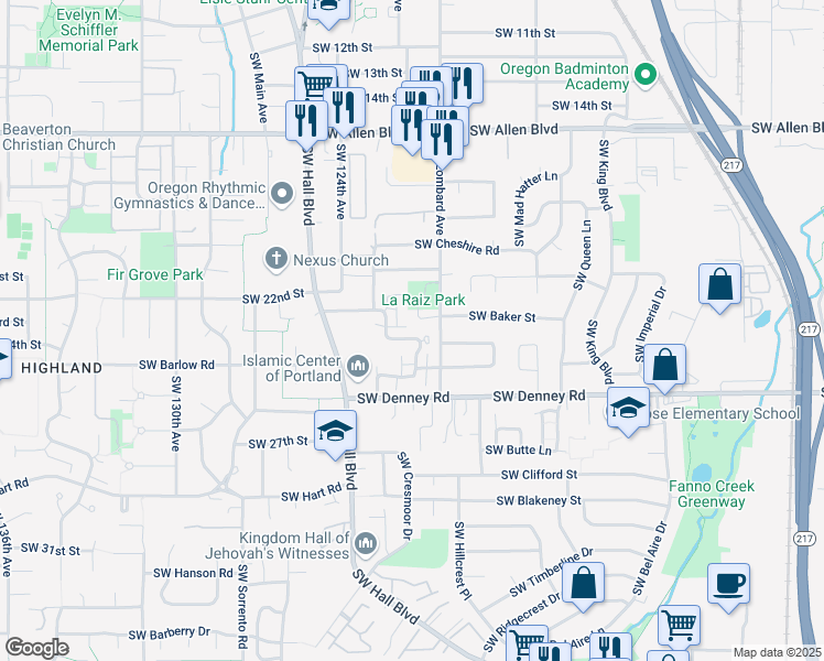 map of restaurants, bars, coffee shops, grocery stores, and more near 6768 Southwest Sussex Street in Beaverton