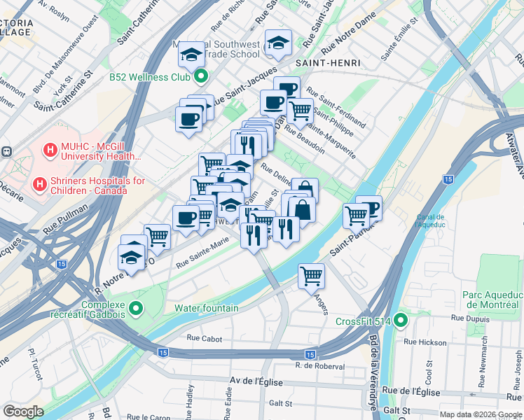 map of restaurants, bars, coffee shops, grocery stores, and more near 4785 Rue Sainte-Émilie in Montréal