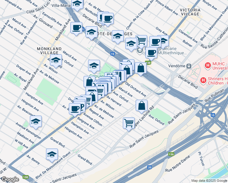map of restaurants, bars, coffee shops, grocery stores, and more near 2325 Avenue d'Oxford in Montréal