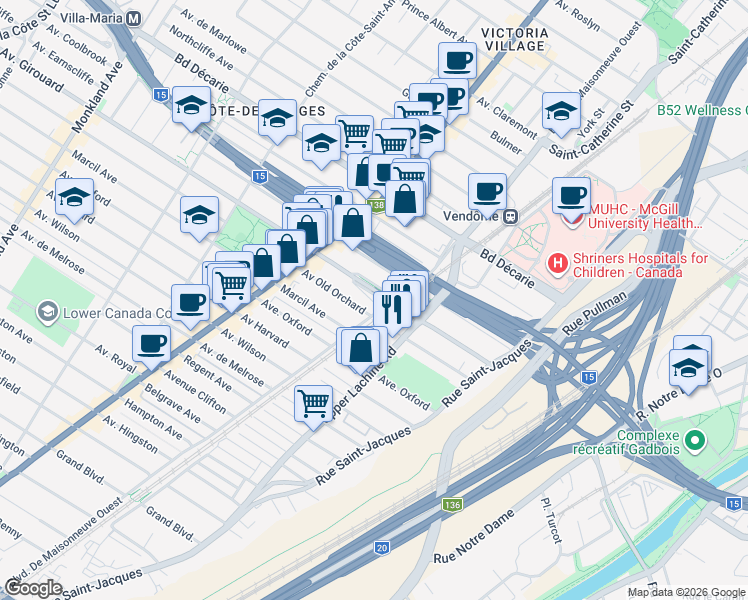 map of restaurants, bars, coffee shops, grocery stores, and more near 2100 Avenue Girouard in Montréal