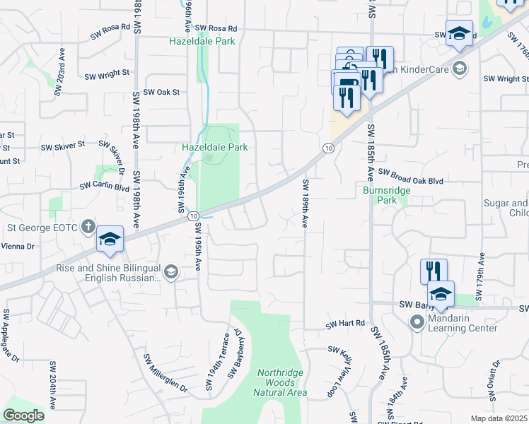map of restaurants, bars, coffee shops, grocery stores, and more near 6707 Southwest 192nd Avenue in Beaverton