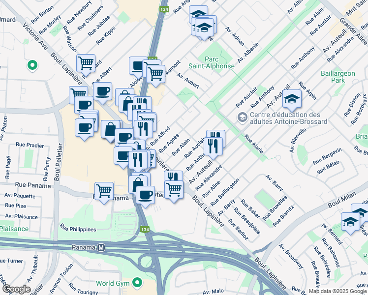 map of restaurants, bars, coffee shops, grocery stores, and more near 6028 Rue Alain in Brossard