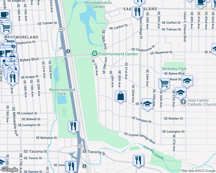 map of restaurants, bars, coffee shops, grocery stores, and more near 7418 Southeast 28th Avenue in Portland